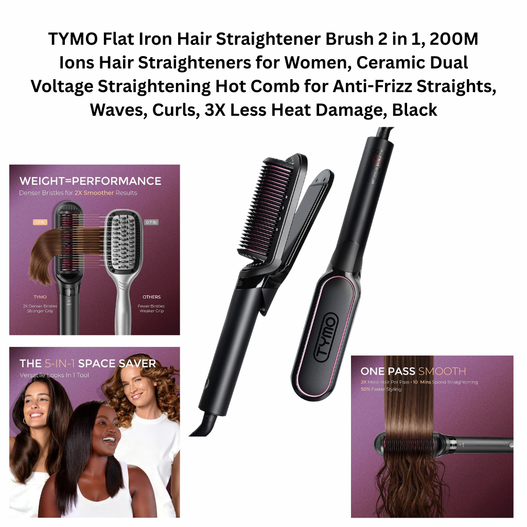 TYMO 2-in-1 flat iron hair straightener brush with ceramic heating, ionic anti-frizz hot comb for straightening, waves, and curls, black.