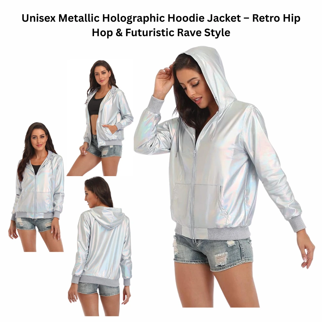 Unisex metallic holographic hoodie jacket in silver, shown from front and back views, featuring a zip-up design and hood with a futuristic retro streetwear style.