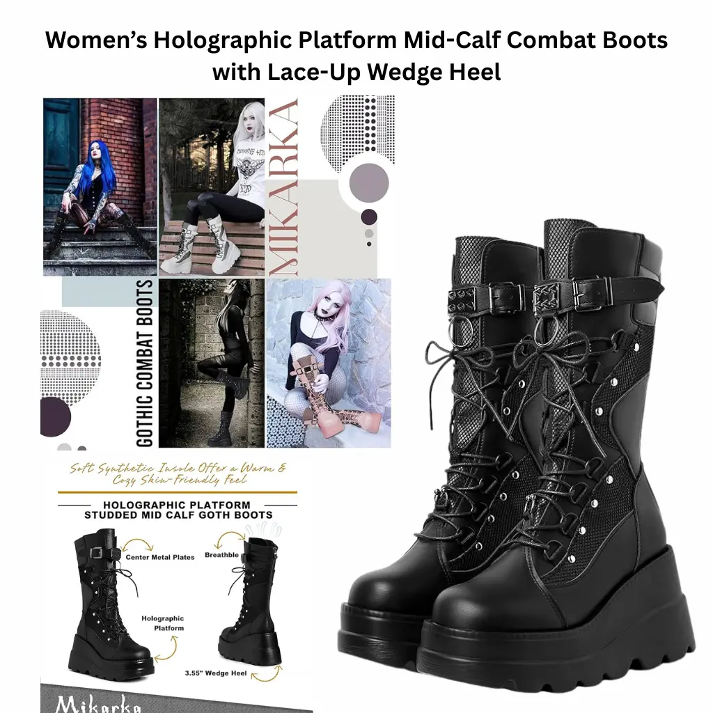 Women’s holographic platform mid-calf combat boots in black, featuring a lace-up front, wedge heel, studded details, and gothic-inspired design.