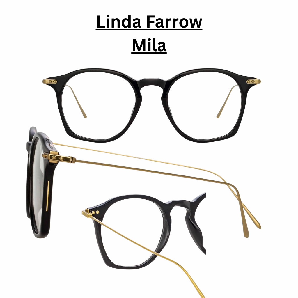 Linda Farrow Mila optical glasses in black with light gold accents, featuring a sleek rounded frame design and slim gold-tone temples for a refined, modern luxury look.
