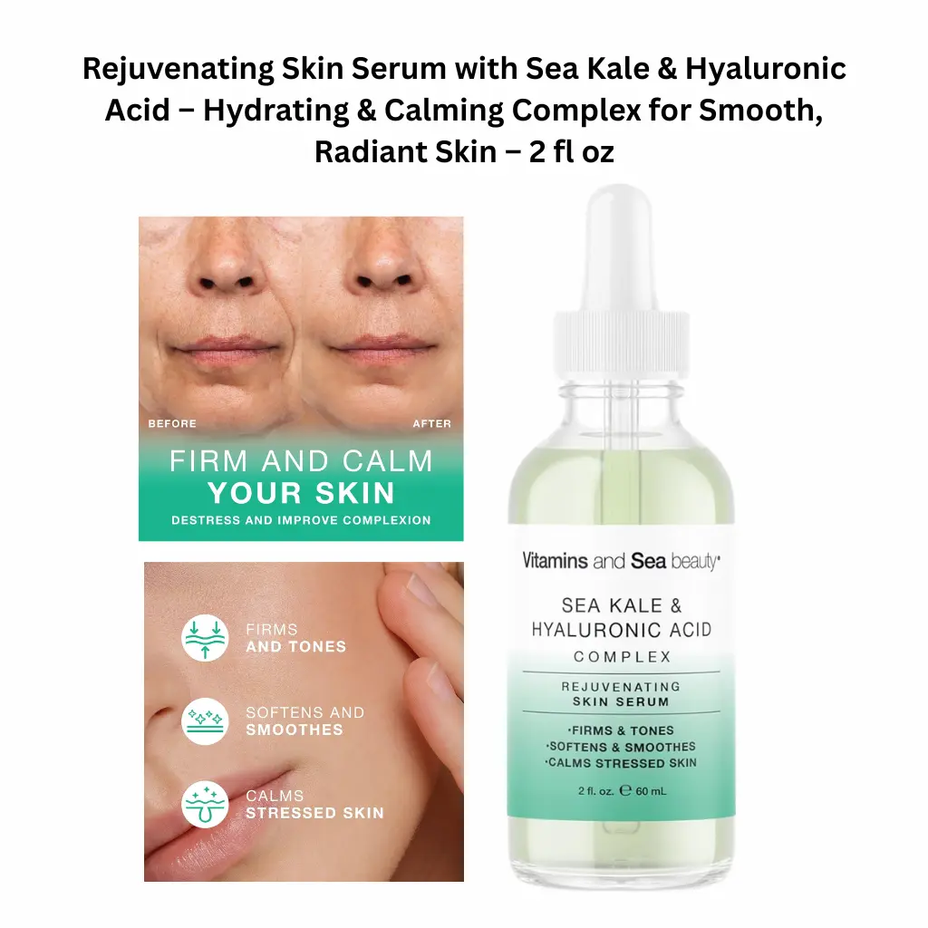 Rejuvenating skin serum with sea kale and hyaluronic acid in dropper bottle, hydrating and calming facial serum for smooth, radiant skin.