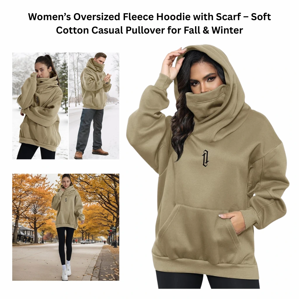 Women’s oversized fleece hoodie with built-in scarf, shown in a soft cotton pullover design, featuring a hooded neckline and relaxed fit for fall and winter casual wear.
