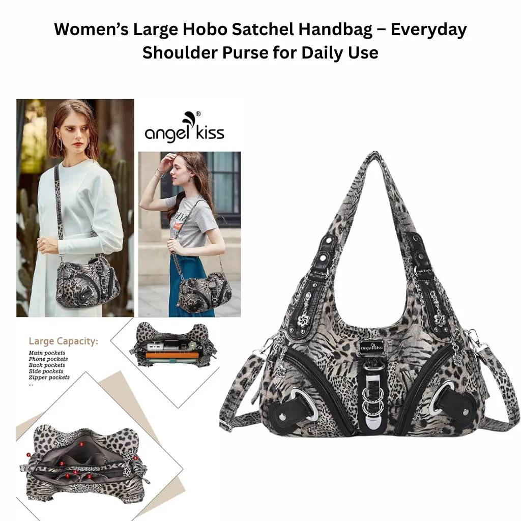 Women’s large hobo satchel handbag with shoulder strap, shown worn casually and displayed open to highlight spacious compartments, designed for everyday use.