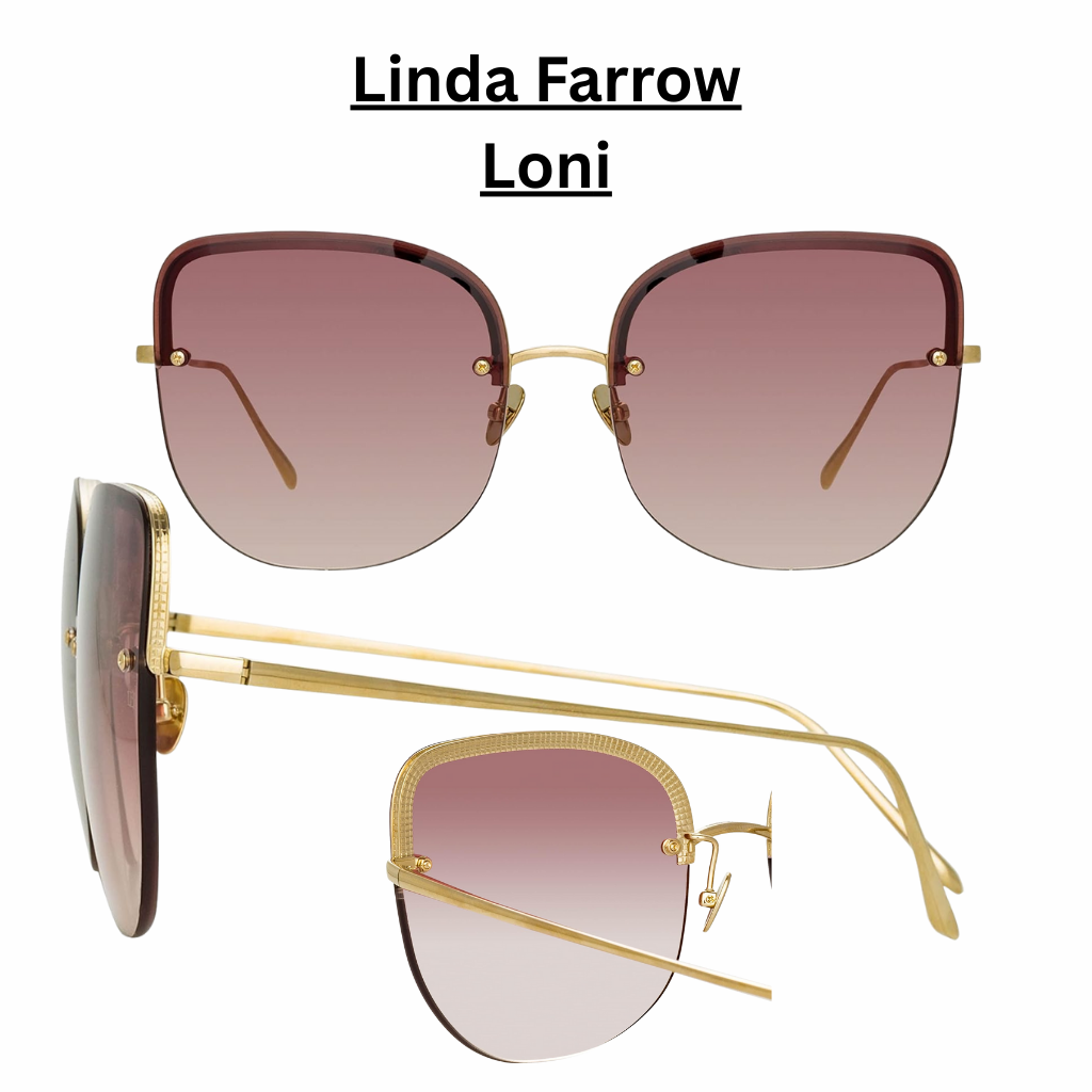 Linda Farrow Loni cat-eye sunglasses in light gold with burgundy gradient lenses, featuring a sleek rimless design and slim gold-tone metal temples for a bold, elegant luxury look.