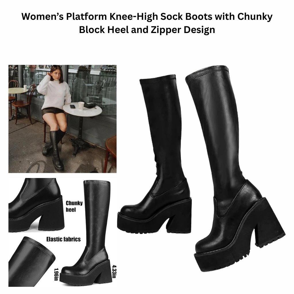 Women’s black knee-high sock boots with platform sole and chunky block heel, featuring an elastic shaft, round toe design, and zipper detail for a bold fashion look.