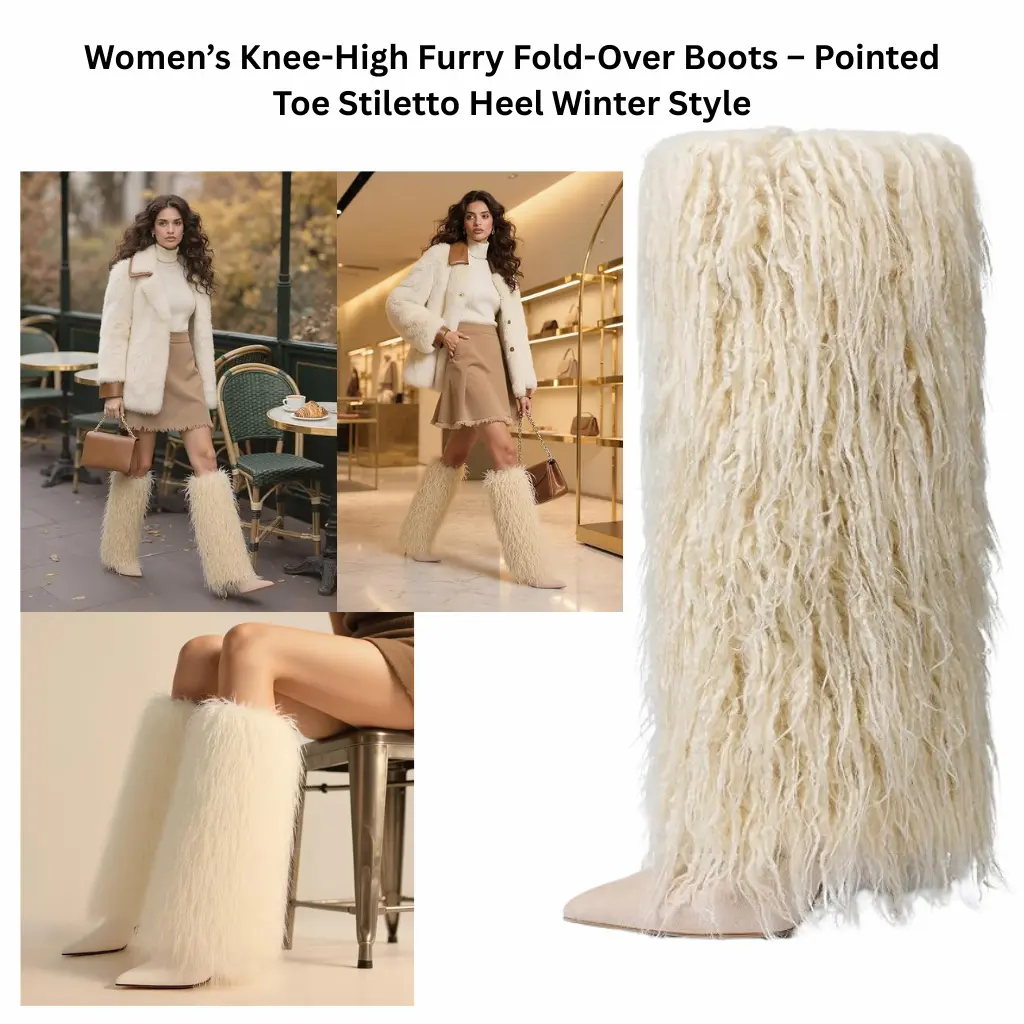 Women’s knee-high furry fold-over boots in a tall silhouette, featuring a pointed toe and stiletto heel, styled for fall and winter fashion looks.