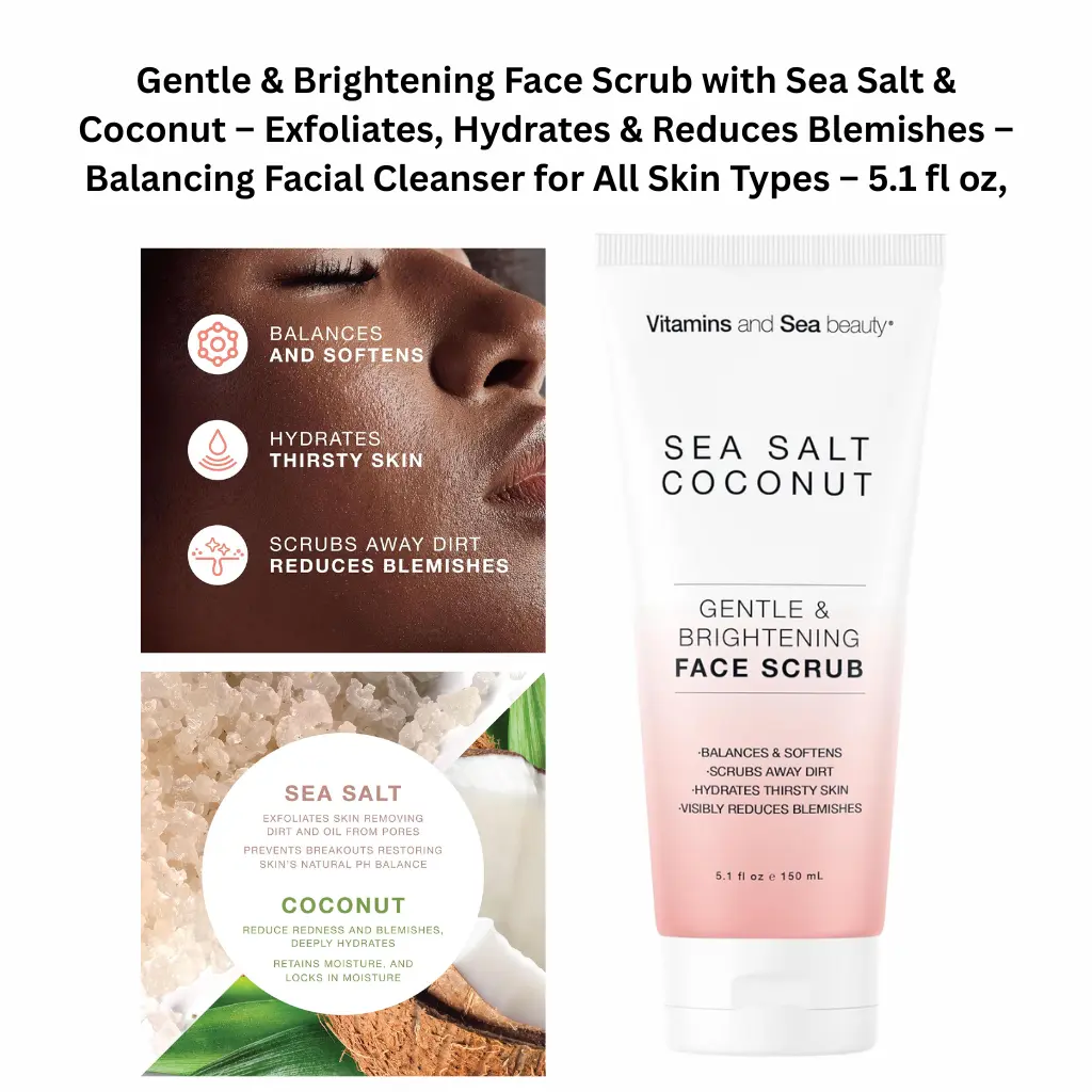 Gentle and brightening face scrub with sea salt and coconut, exfoliating facial cleanser that hydrates skin and reduces blemishes, 5.1 fl oz.