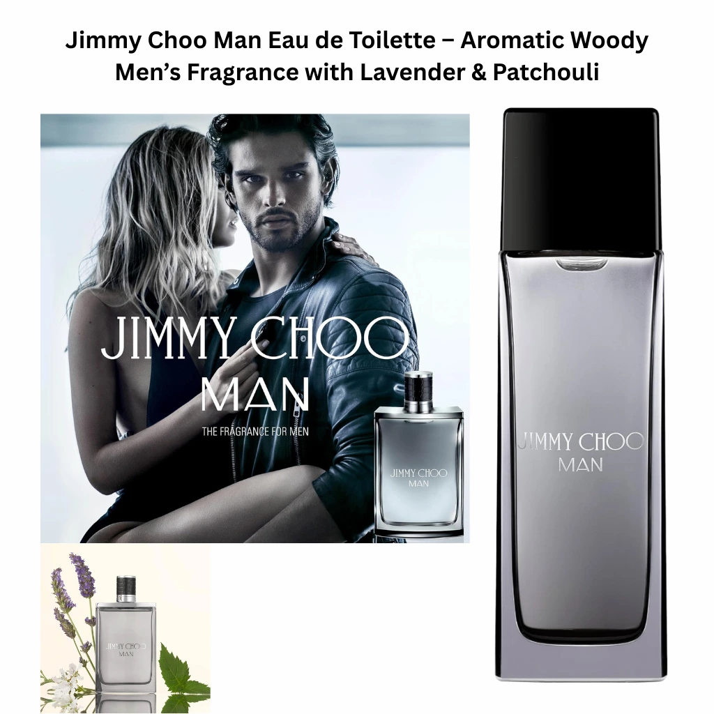 Jimmy Choo Man Eau de Toilette men’s fragrance shown in a sleek rectangular bottle with black cap, styled alongside campaign imagery and lavender elements, representing an aromatic woody scent for men.