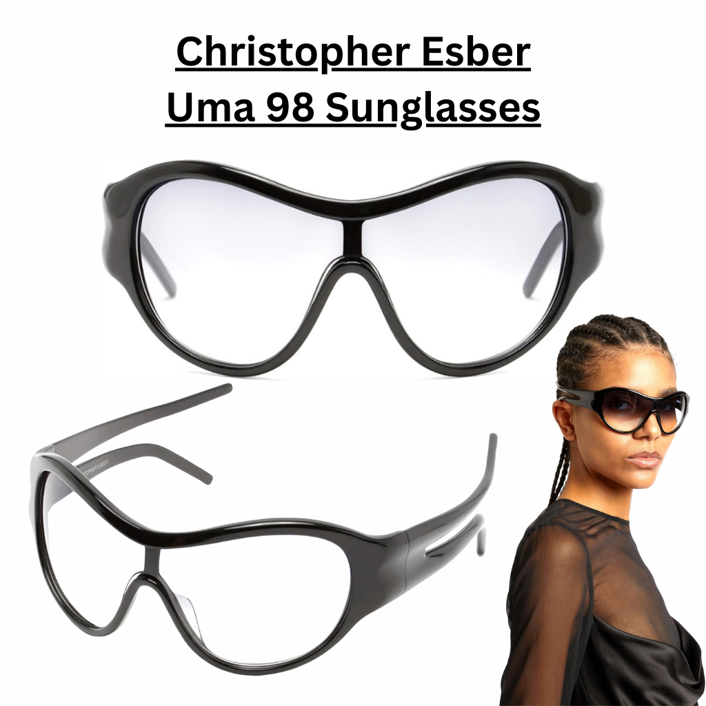Christopher Esber Uma 98 sunglasses featuring a bold wraparound shield frame with smooth sculpted lines and oversized lenses, delivering a modern statement silhouette with full UV protection.