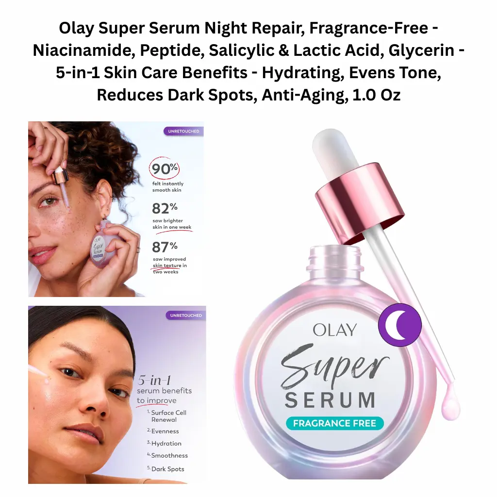 Olay Super Serum Night Repair fragrance-free facial serum with niacinamide, peptides, and exfoliating acids, hydrating anti-aging night serum, 1.0 oz.
