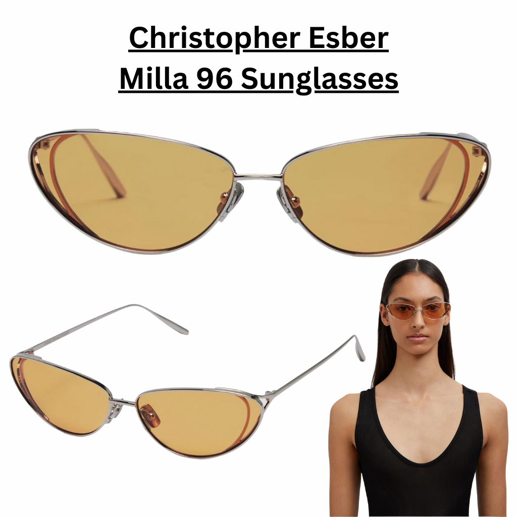 Christopher Esber Milla 96 sunglasses featuring an upswept metal frame with floating cut-out temples, amber-tinted lenses, and counterweighted acetate temple tips for a sleek, contemporary luxury design.