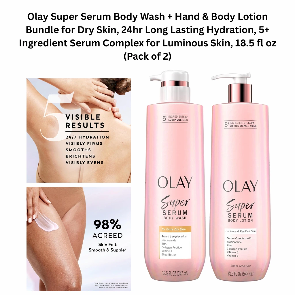 Olay Super Serum body wash and hand & body lotion bundle for dry skin, hydrating serum-infused wash and lotion duo for luminous skin, 18.5 fl oz each.