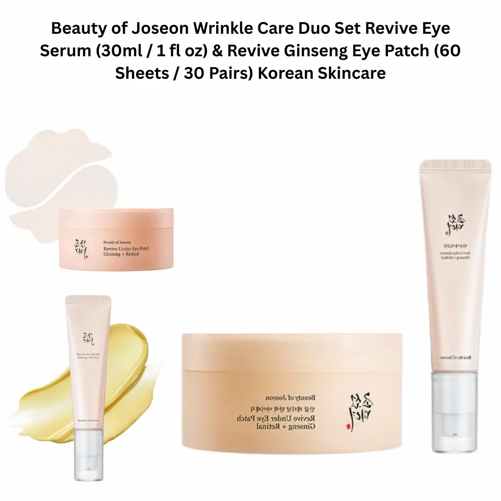 Beauty of Joseon Wrinkle Care Duo Set featuring Revive Eye Serum 30ml and Revive Ginseng Eye Patch 60 sheets for dark circles, fine lines and anti-aging Korean skincare