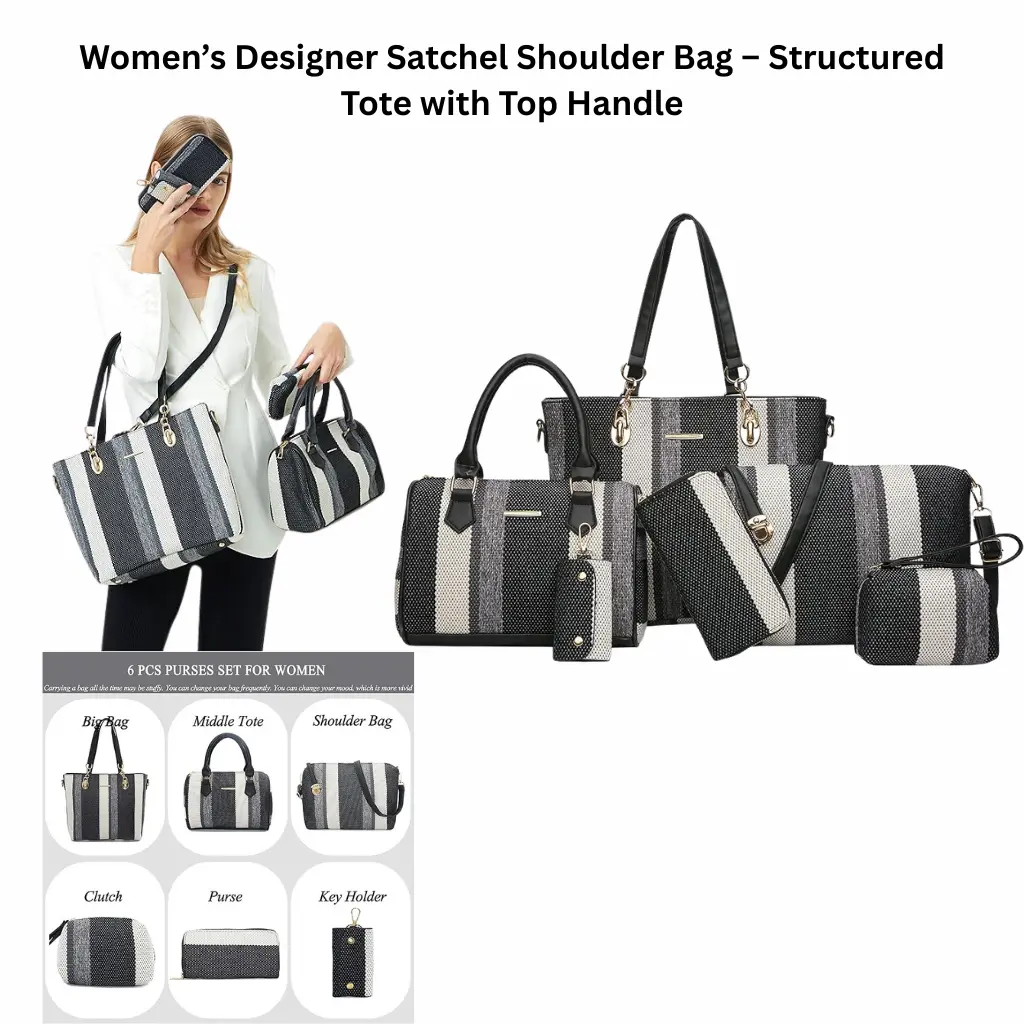 Women’s designer satchel shoulder bag set with structured tote and top handles, shown as a coordinated multi-piece handbag collection designed for everyday and work use.