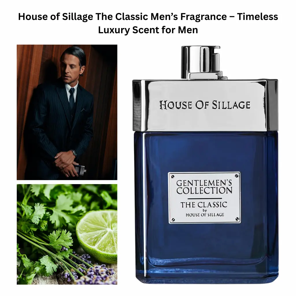 House of Sillage The Classic men’s fragrance in a deep blue luxury bottle, styled with a tailored gentleman and fresh citrus and herb elements, representing a refined and timeless masculine scent.