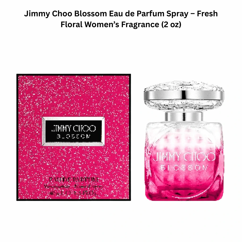 Jimmy Choo Blossom Eau de Parfum 2 oz bottle with sparkling pink fragrance in faceted glass, paired with matching pink glitter box, fresh floral women’s perfume.