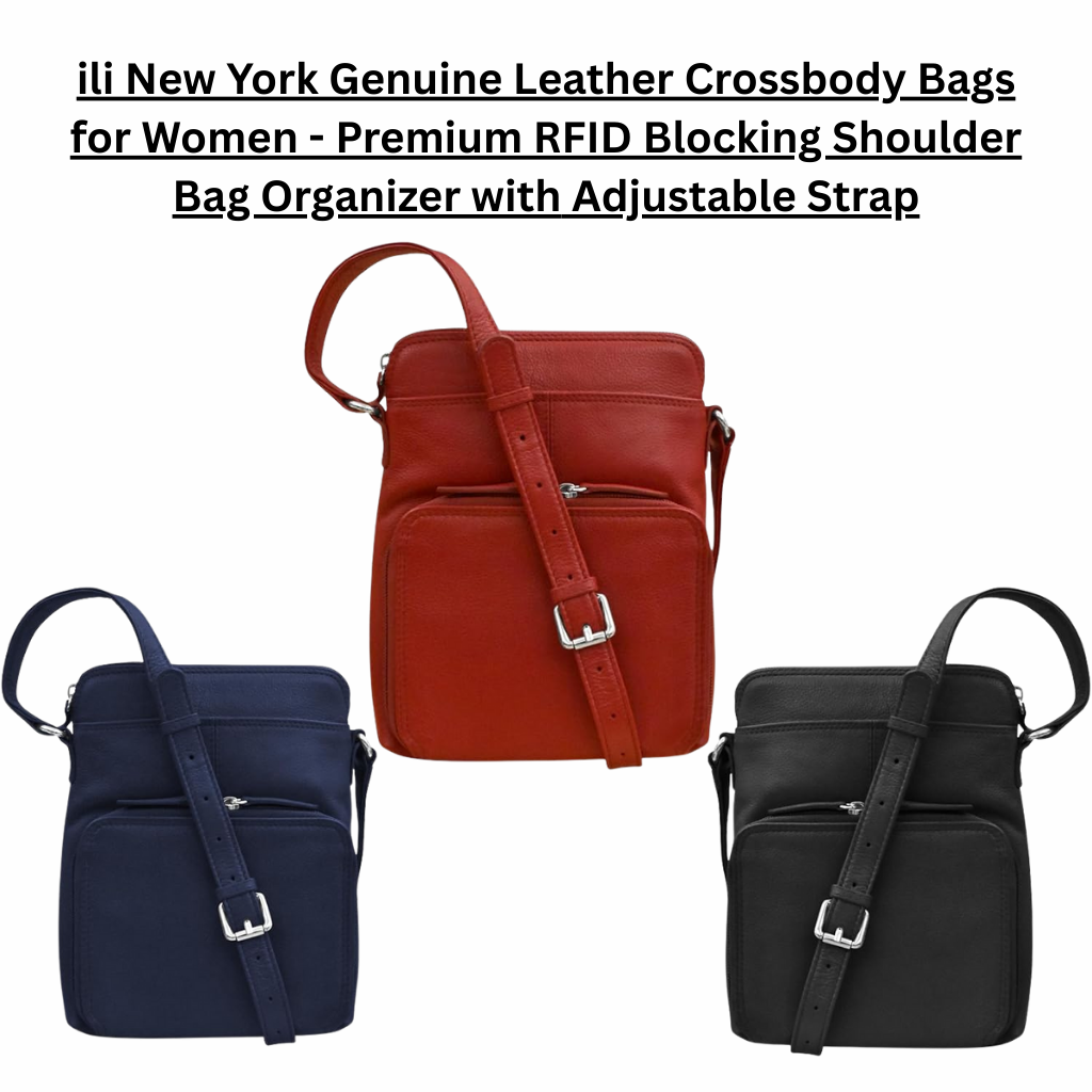ili New York genuine leather crossbody bags for women displayed in red, navy, and black, featuring a compact vertical organizer design with front zip pocket, adjustable shoulder strap, smooth leather finish, and RFID-blocking interior for secure everyday use.