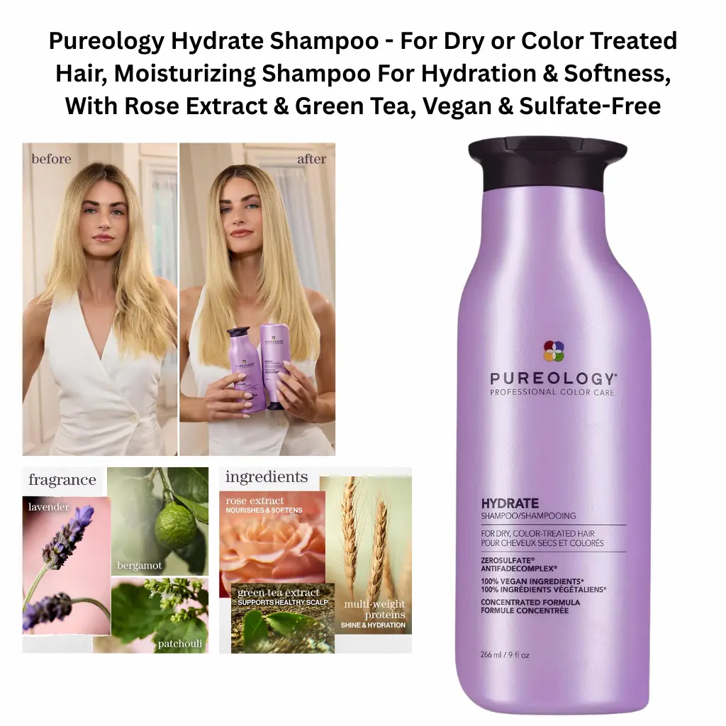 Pureology Hydrate Shampoo for dry or color-treated hair with rose extract and green tea, vegan sulfate-free moisturizing shampoo for hydration and softness