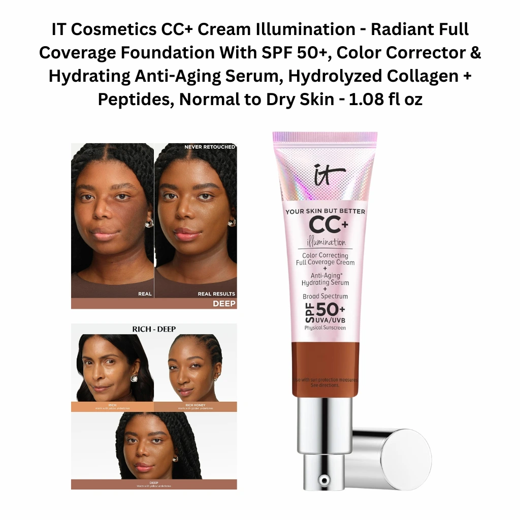 IT Cosmetics CC+ Cream Illumination radiant full coverage foundation with SPF 50+, color correcting and hydrating anti-aging serum for normal to dry skin, 1.08 fl oz