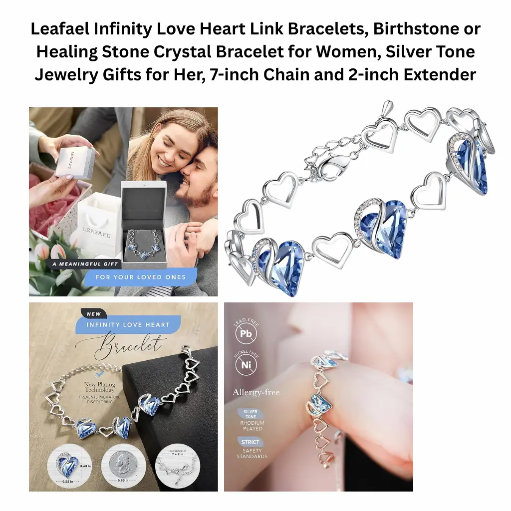 Leafael infinity love heart link bracelet with crystal birthstone, silver tone jewelry gift for women with 7-inch chain and 2-inch extender