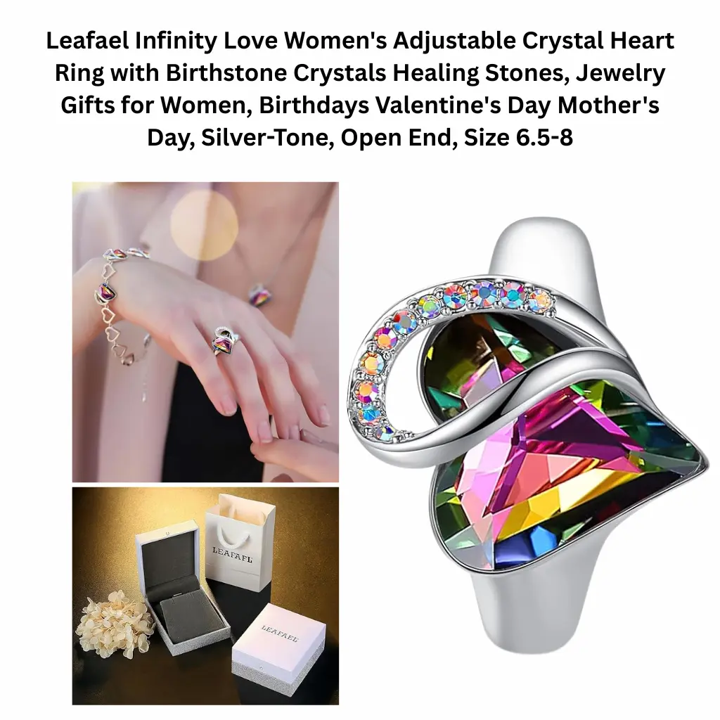 Leafael infinity love adjustable crystal heart ring with birthstone crystals, silver-tone open-end ring for women, size 6.5–8