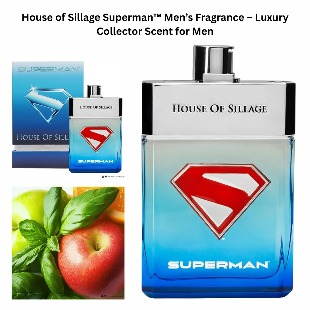 House of Sillage Superman™ men’s fragrance displayed in a light blue luxury bottle with the iconic Superman emblem, styled with packaging and fresh fruit elements to represent a bold collector scent.