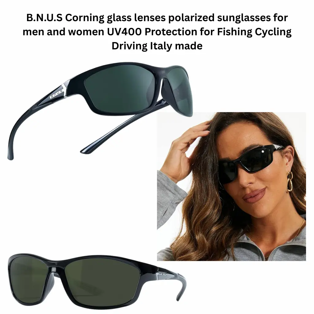 B.N.U.S polarized sunglasses with Corning glass lenses, UV400 protection eyewear for men and women, ideal for fishing, cycling and driving