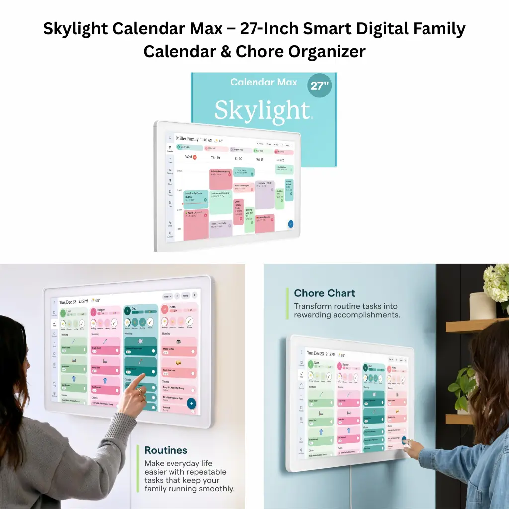 Skylight Calendar Max 27-inch smart digital family calendar with touchscreen display, shown wall-mounted and used to manage schedules, routines, and chore charts in a home setting.