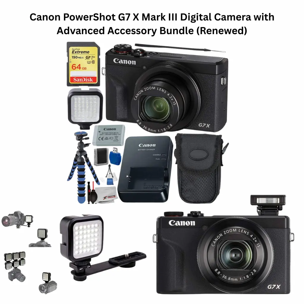Canon PowerShot G7 X Mark III digital camera with advanced accessory bundle, shown with compact camera body, zoom lens, LED light, tripod, memory card, battery charger, and carrying case.