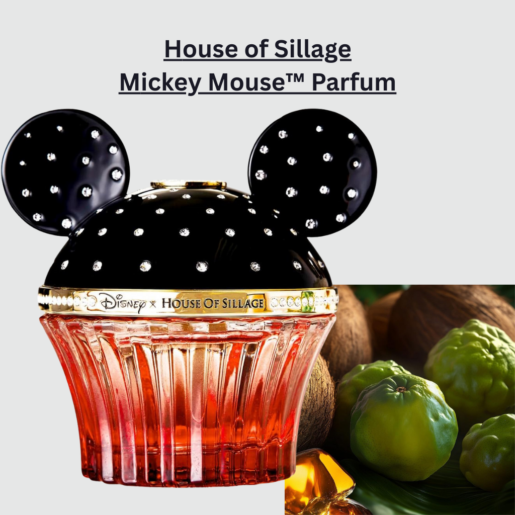 House of Sillage Mickey Mouse™ parfum in a collectible crystal bottle featuring a black jeweled Mickey Mouse–inspired cap, showcasing a luxurious citrus-floral fragrance created in collaboration with Disney.