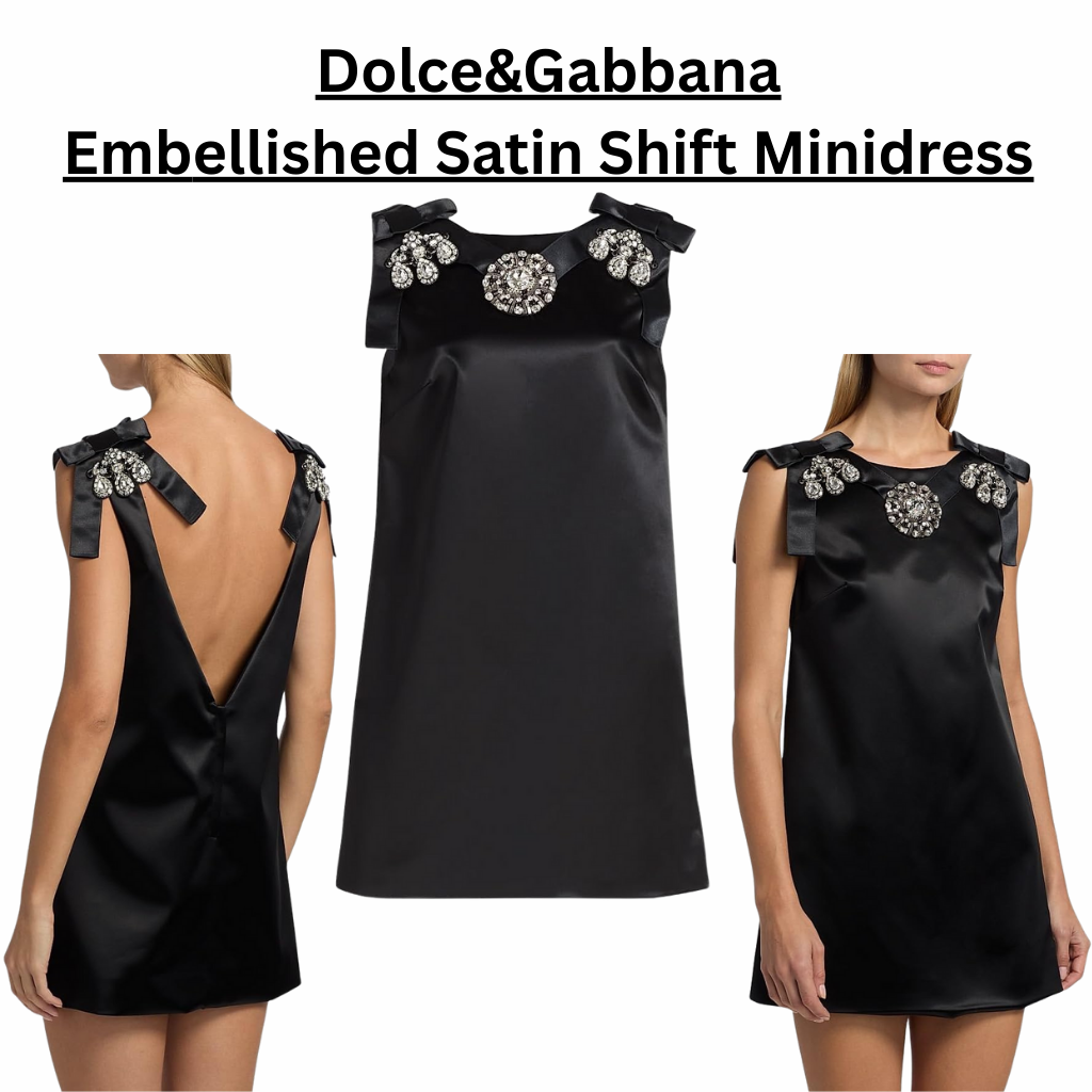 Dolce&Gabbana embellished satin shift minidress in black, featuring a jewel neckline with crystal embellishments, sleeveless silhouette, ribbon bow shoulder details, and a deep V-back for an elegant, refined look.