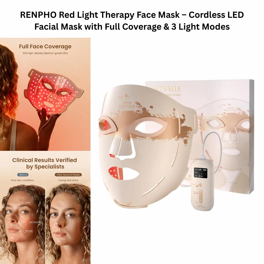 RENPHO cordless red light therapy face mask with full-face LED coverage, shown with multiple light modes, handheld controller, and packaging, designed for at-home facial skincare use.