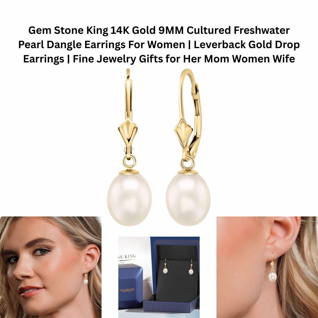 Gem Stone King 14K gold leverback dangle earrings with 9mm cultured freshwater pearls, elegant pearl drop jewelry for women.