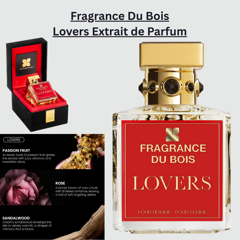 Fragrance Du Bois Lovers extrait de parfum in a luxurious crystal bottle with gold accents and red label, showcasing a unisex niche fragrance inspired by passion fruit, rose, saffron, and warm sandalwood notes.