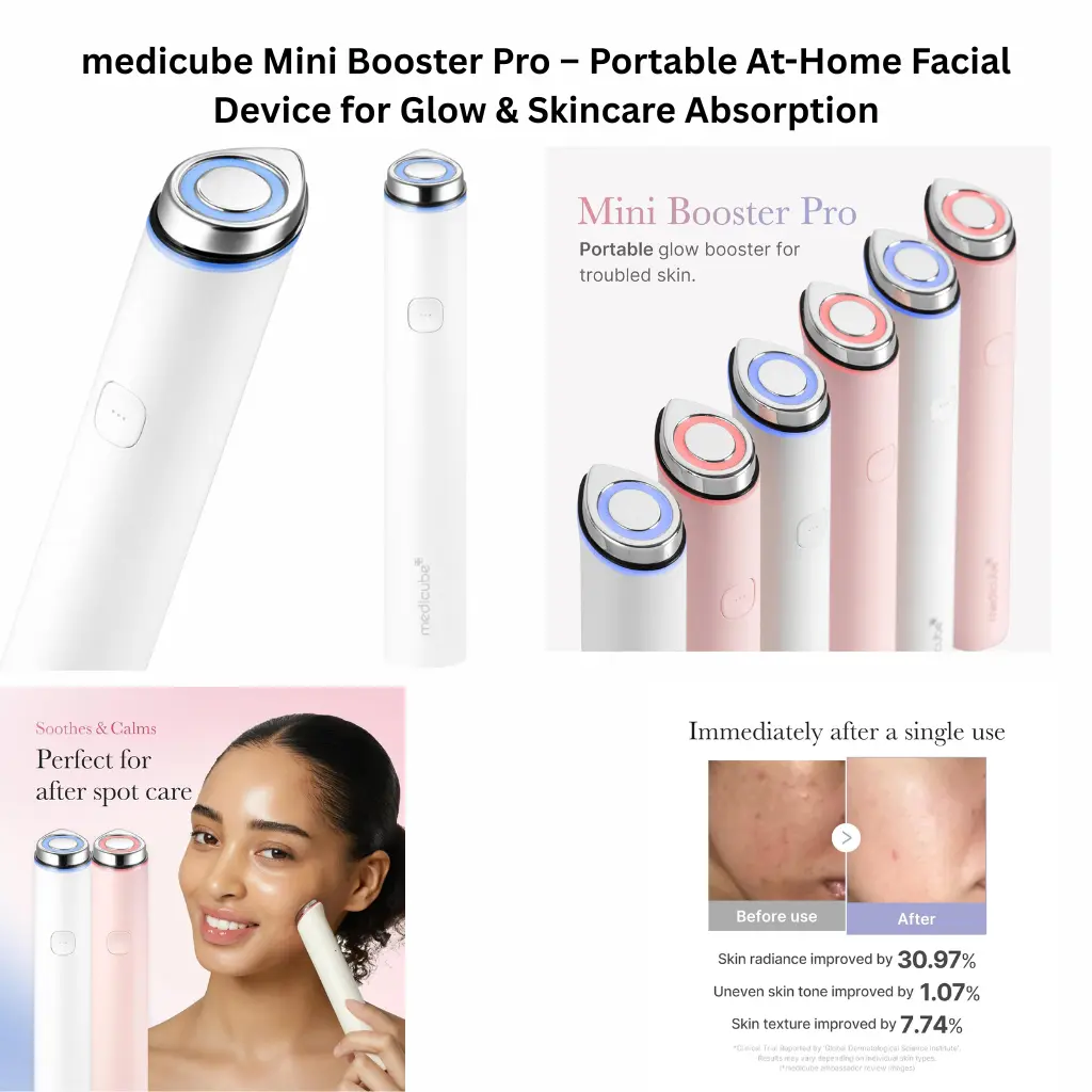 medicube Mini Booster Pro portable facial device shown in multiple colors, designed to boost skincare absorption and enhance glow, with close-up views and before-and-after skin improvement visuals.