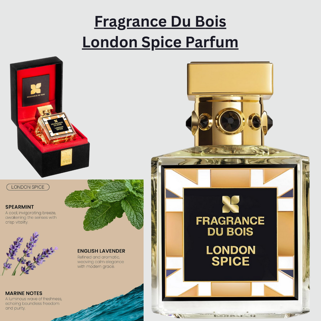 Fragrance Du Bois London Spice parfum in a refined crystal bottle with gold detailing, representing a sophisticated aromatic fragrance inspired by London’s elegance, featuring fresh spearmint, English lavender, marine notes, and warm spices.
