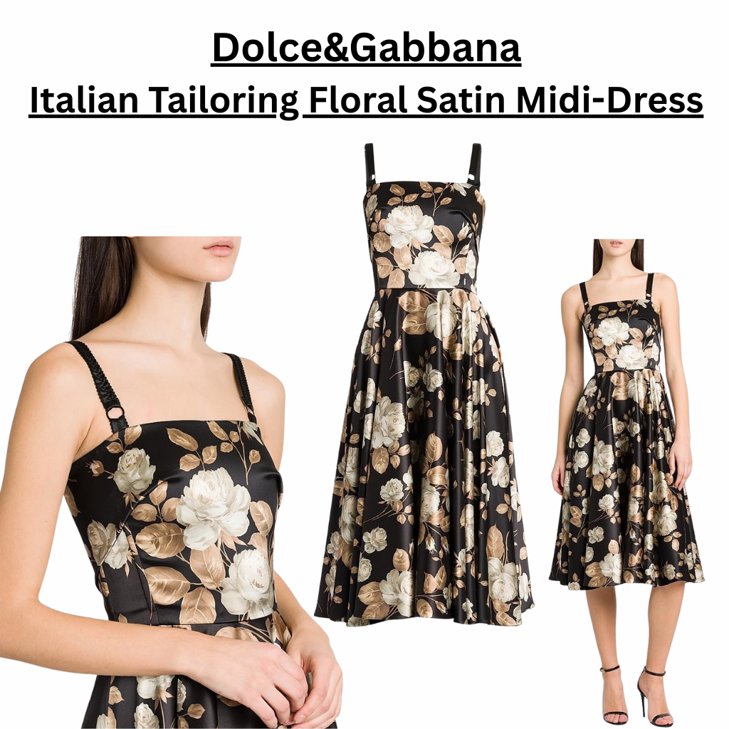Dolce&Gabbana Italian Tailoring floral satin midi-dress featuring a black base with elegant rose print, fit-and-flare silhouette, square neckline, adjustable spaghetti straps, and a refined Italian-crafted finish.