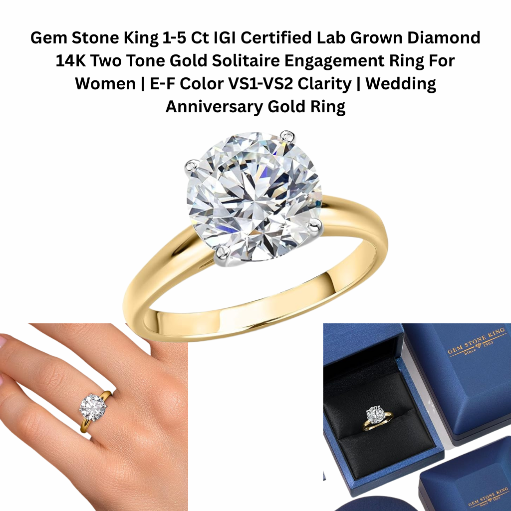 Gem Stone King 14K two-tone gold solitaire engagement ring with IGI certified lab grown diamond, classic round-cut wedding ring for women.
