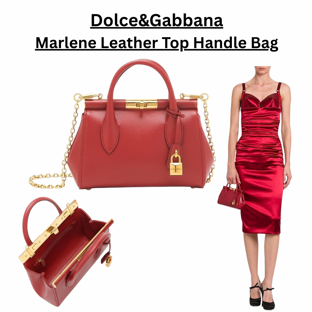 Dolce&Gabbana Marlene leather top handle bag in red, crafted in Italy from smooth calf leather, featuring structured top handles, gold-tone hardware, a removable chain strap, and a compact elegant silhouette.