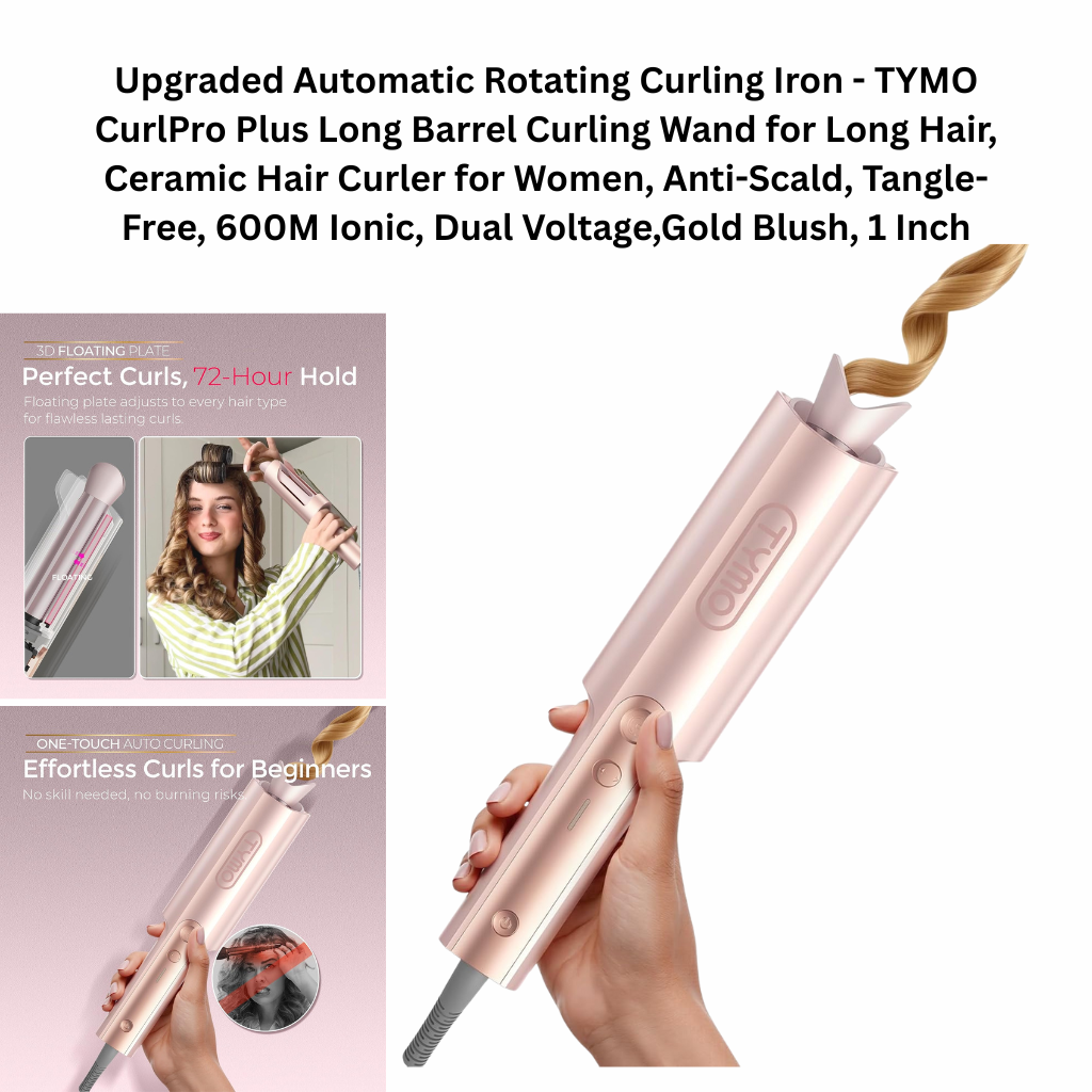 TYMO CurlPro Plus automatic rotating curling iron with long ceramic barrel, gold blush hair curler for long hair with anti-scald and ionic technology.