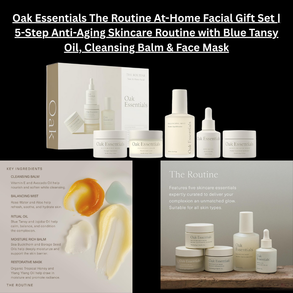 Oak Essentials The Routine at-home facial gift set featuring a 5-step anti-aging skincare routine, including cleansing balm, restorative face mask, balancing mist, ritual oil with blue tansy, and moisture-rich balm for hydrated, glowing skin.