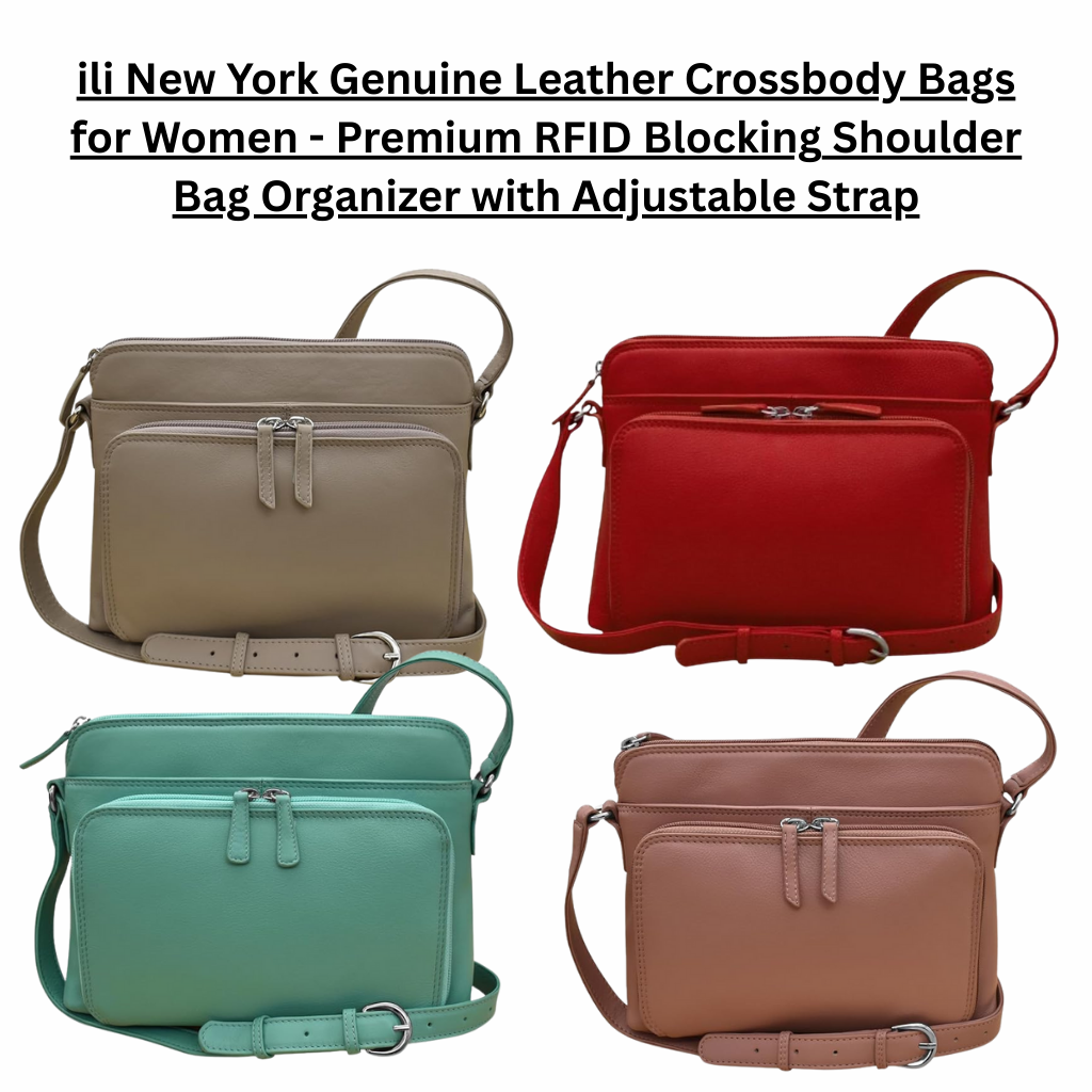 ili New York genuine leather crossbody bags for women displayed in multiple colors, featuring a compact rectangular design with zippered compartments, adjustable shoulder strap, and RFID-blocking organizer interior.
