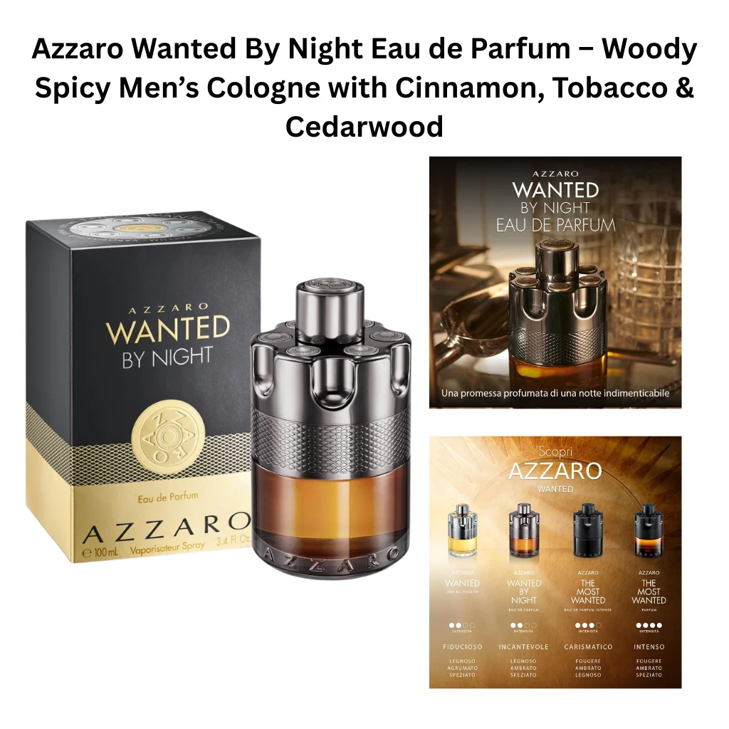 Azzaro Wanted By Night Eau de Parfum bottle with metallic revolver-style cap and amber liquid, shown with packaging and promotional visuals highlighting woody, spicy men’s fragrance.