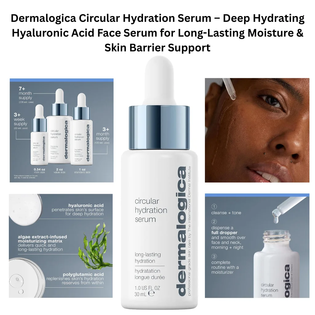 Dermalogica Circular Hydration Serum bottle with dropper, shown with skincare visuals highlighting hyaluronic acid, algae extract, and long-lasting hydration benefits for smooth, plump skin.Select 75 more words to run Humanizer.