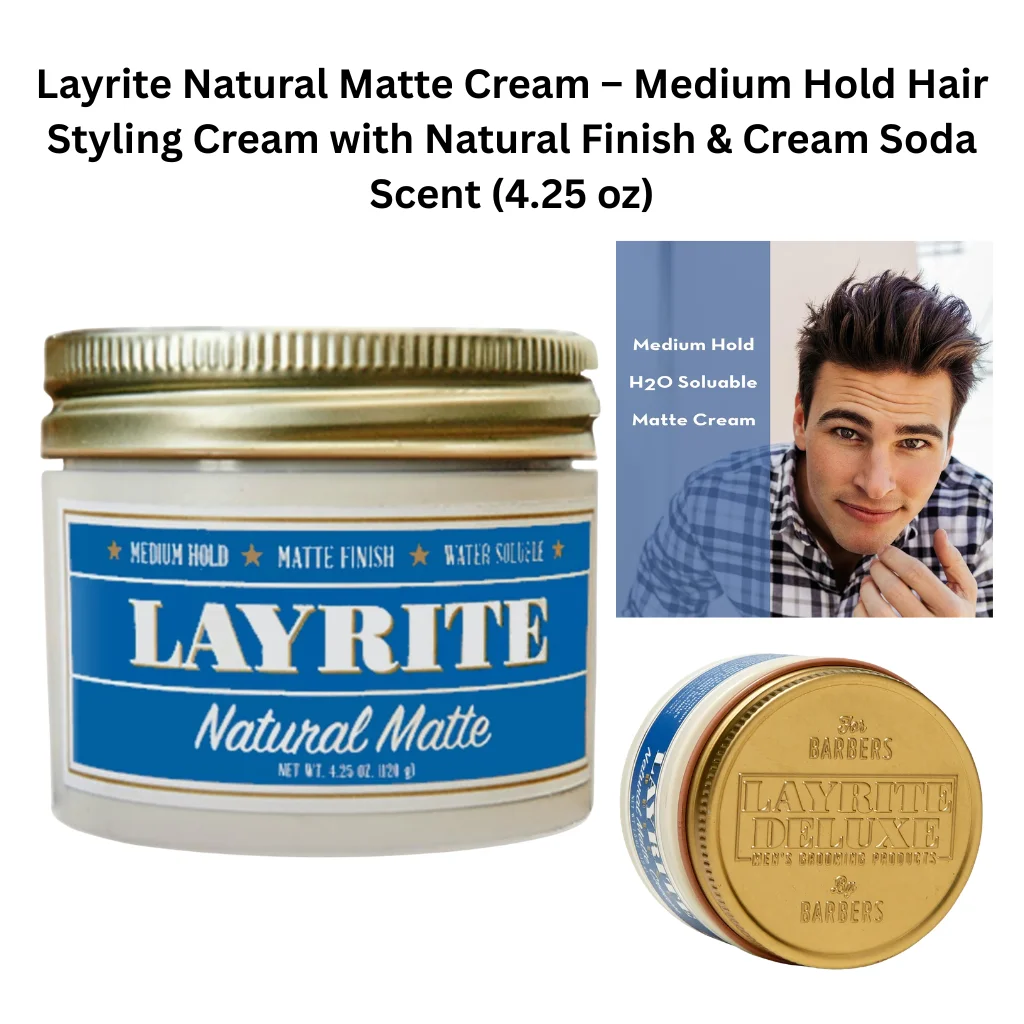 Layrite Natural Matte Cream hair styling product in classic jar packaging with medium hold matte finish, featuring clean grooming look and textured hairstyle results
