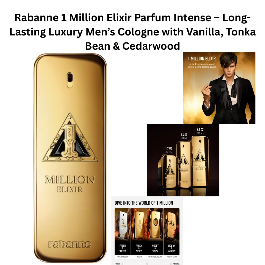 Rabanne 1 Million Elixir Parfum Intense gold bottle with iconic ingot design, shown with lifestyle visuals highlighting long-lasting luxury men’s fragrance with vanilla, tonka bean, and woody notes.
