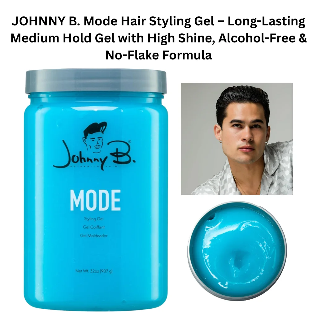 JOHNNY B. Mode hair styling gel in large blue 32 oz jar with open gel texture view and male model showcasing styled hair